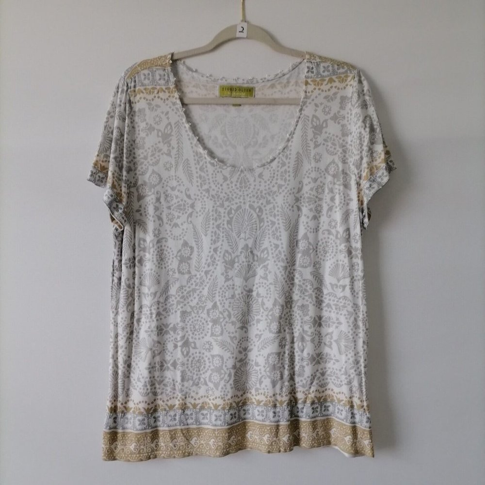 Sigrid Olsen Signature Womens Aqua Gray Round Neck Tribal Print Top Size XL